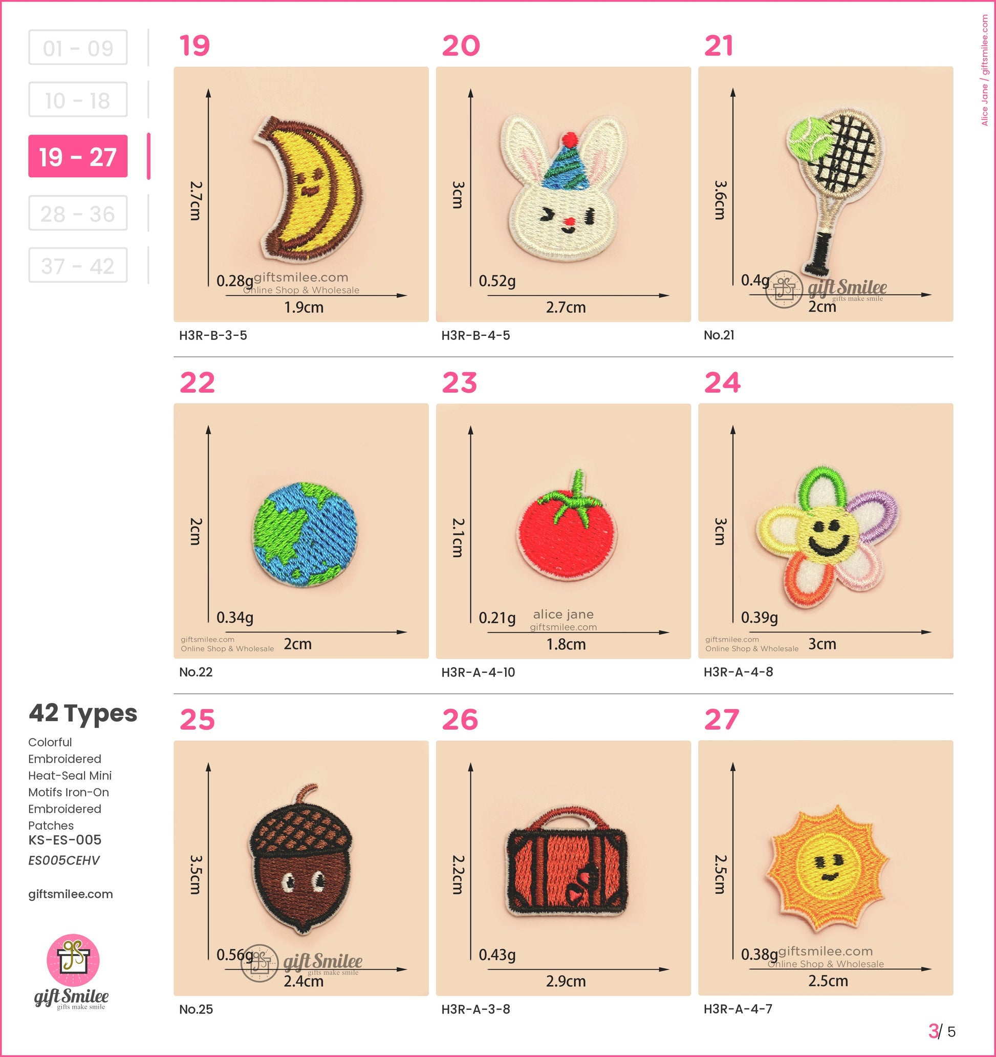 Assorted embroidered patches including a banana bunny tennis racket globe tomato flower acorn suitcase and sun