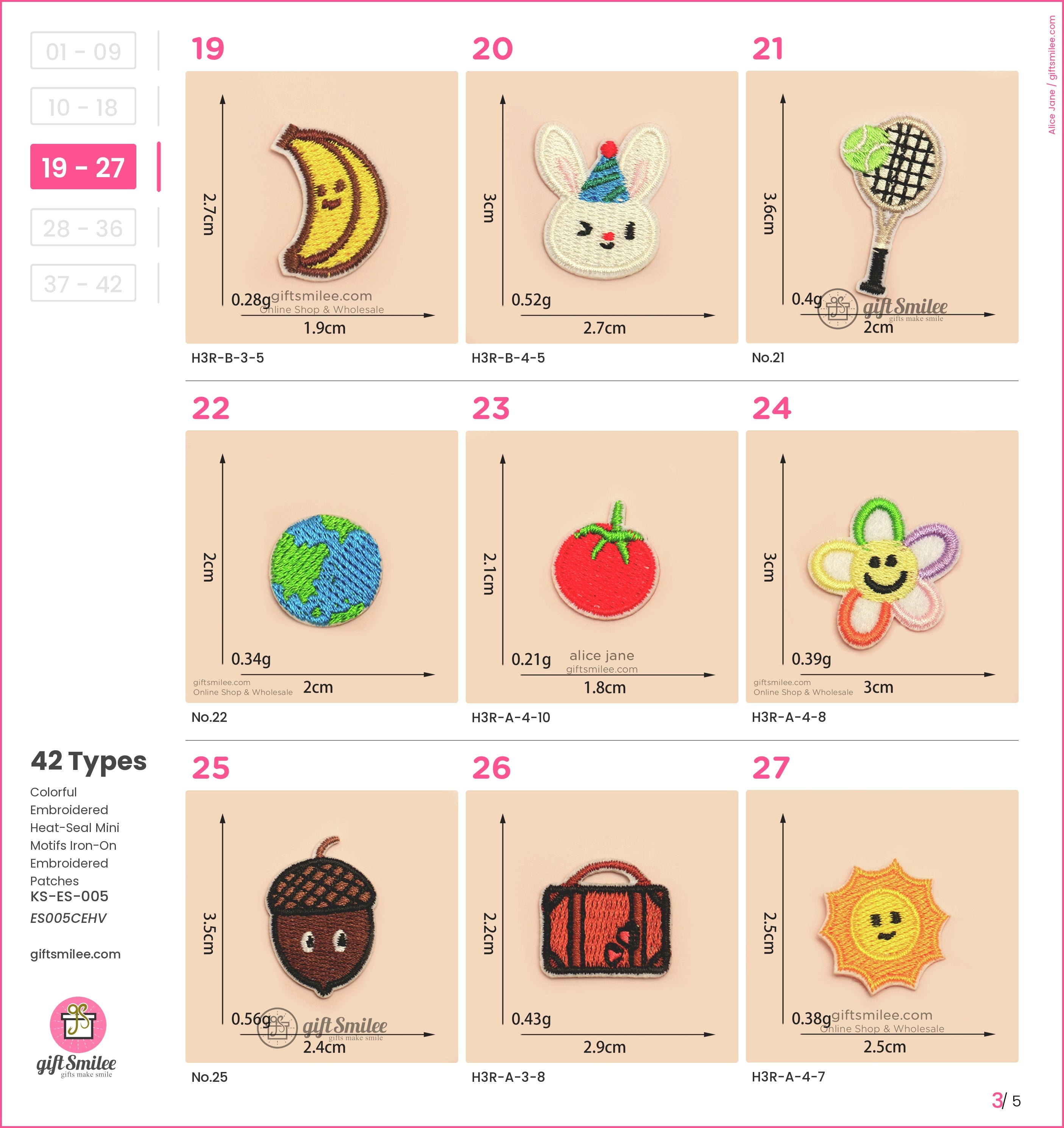 Assorted embroidered patches including a banana bunny tennis racket globe tomato flower acorn suitcase and sun