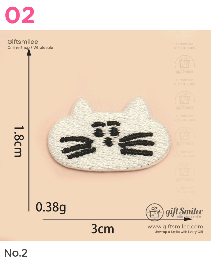 White embroidered cat face patch with black whiskers lightweight fabric 3cm wide 18cm tall