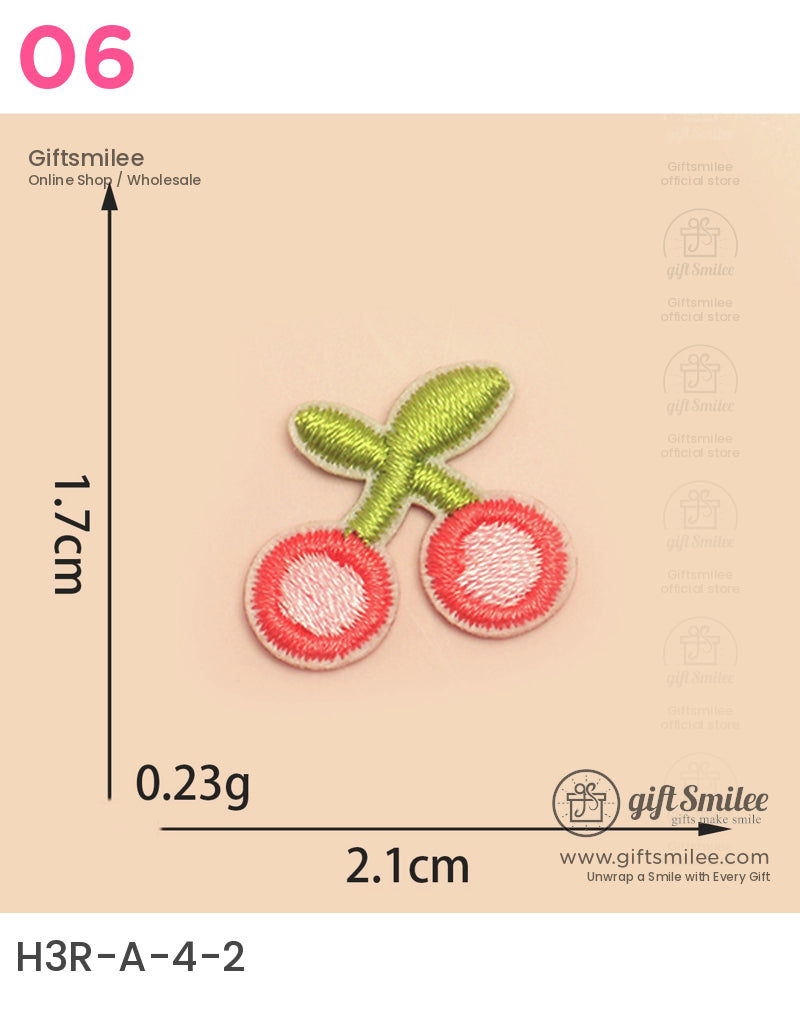 Small embroidered cherry patch with red and pink cherries green stem lightweight fabric and compact 21cm size