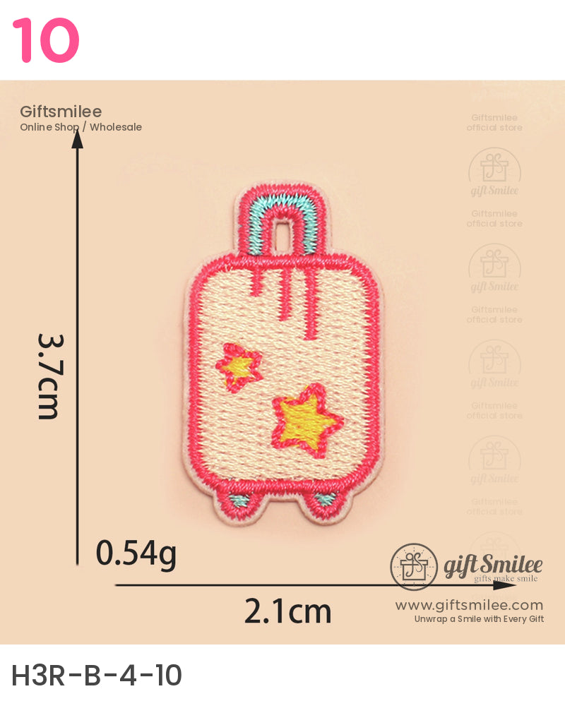 Pink embroidered suitcase patch with yellow star accents teal handle and compact dimensions of 37cm by 21cm