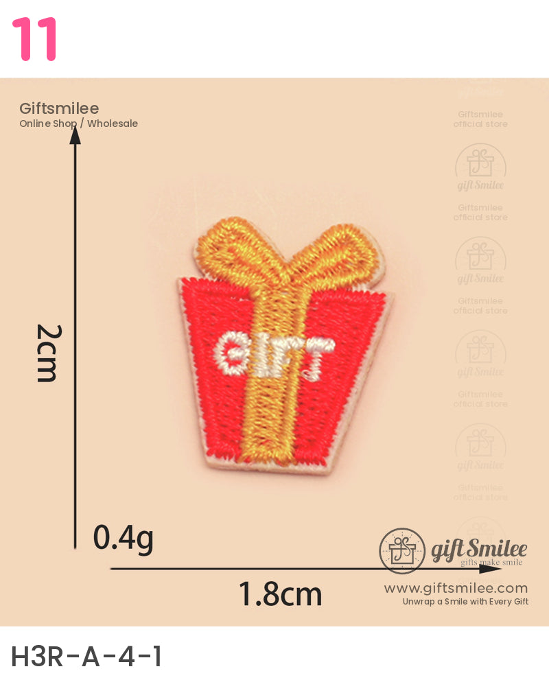 Red embroidered gift patch with gold ribbon Gift text lightweight rectangular design 2cm by 18cm size