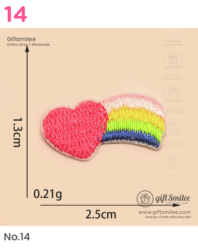 Small embroidered patch with a red heart and vibrant rainbow design measuring 25cm by 13cm lightweight at 021g