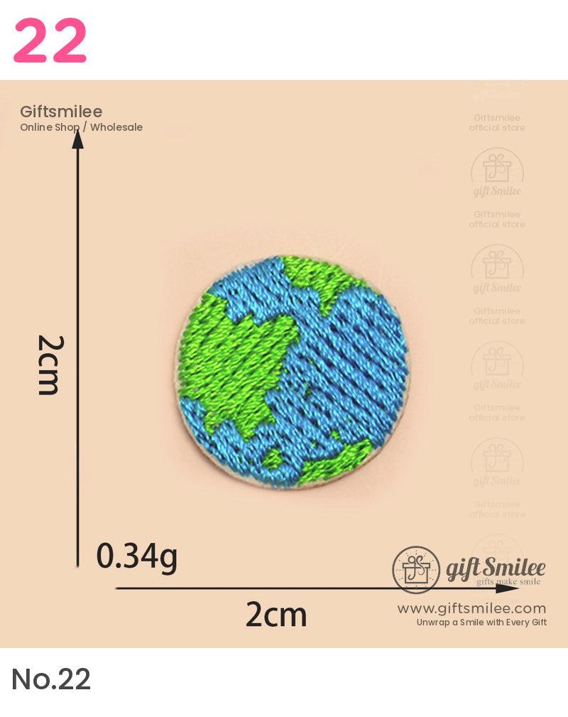 Round embroidered patch with vibrant blue oceans and green continents measuring 2cm lightweight at 034g