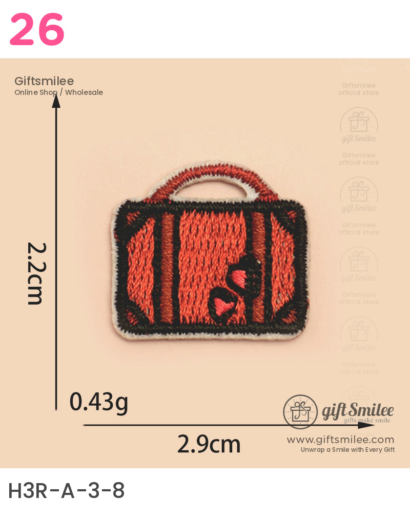Rectangular orange embroidered patch with black border suitcase design red heart accents 29cm width 22cm height