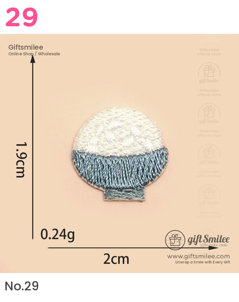 Round embroidered patch with white top and blue base textured detailing compact 2cm size lightweight at 024g