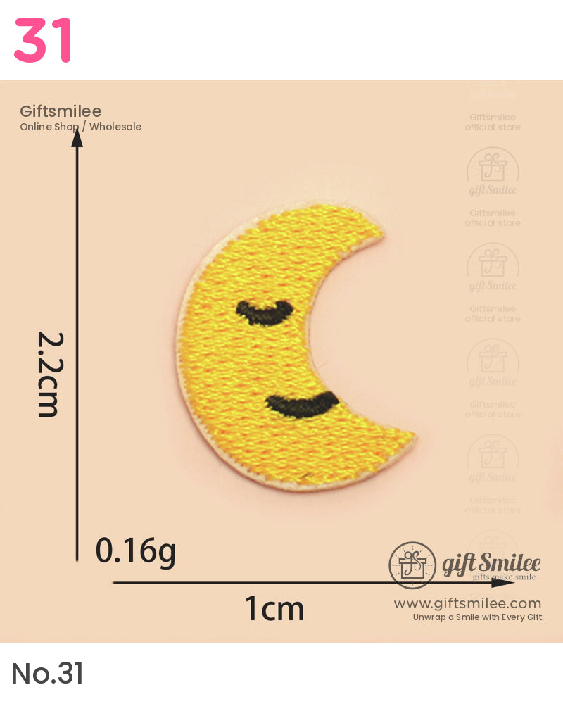 Yellow crescent moonshaped embroidered patch with black closedeye details measuring 22cm tall and 1cm wide