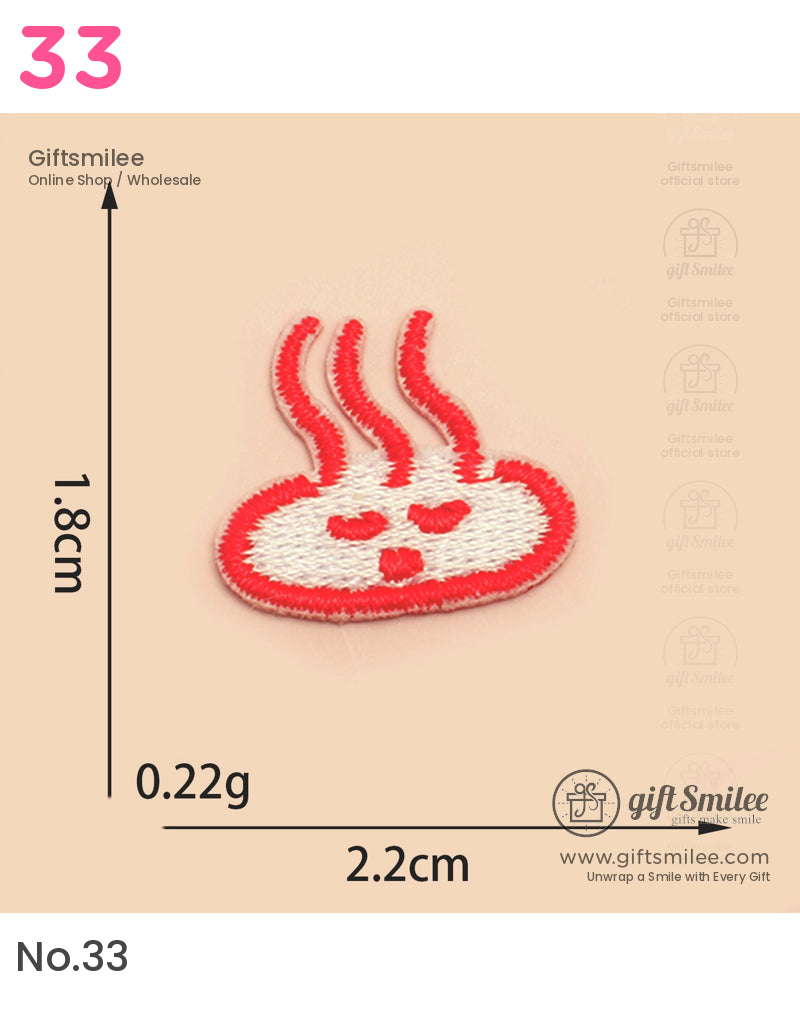 Red and white embroidered patch with steam design heartshaped eyes compact size lightweight at 022g
