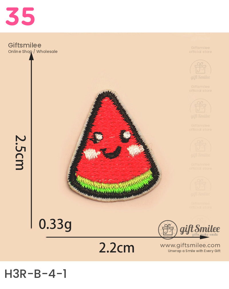 Red embroidered watermelon patch with smiling face green rind detail black outline 25cm tall 22cm wide