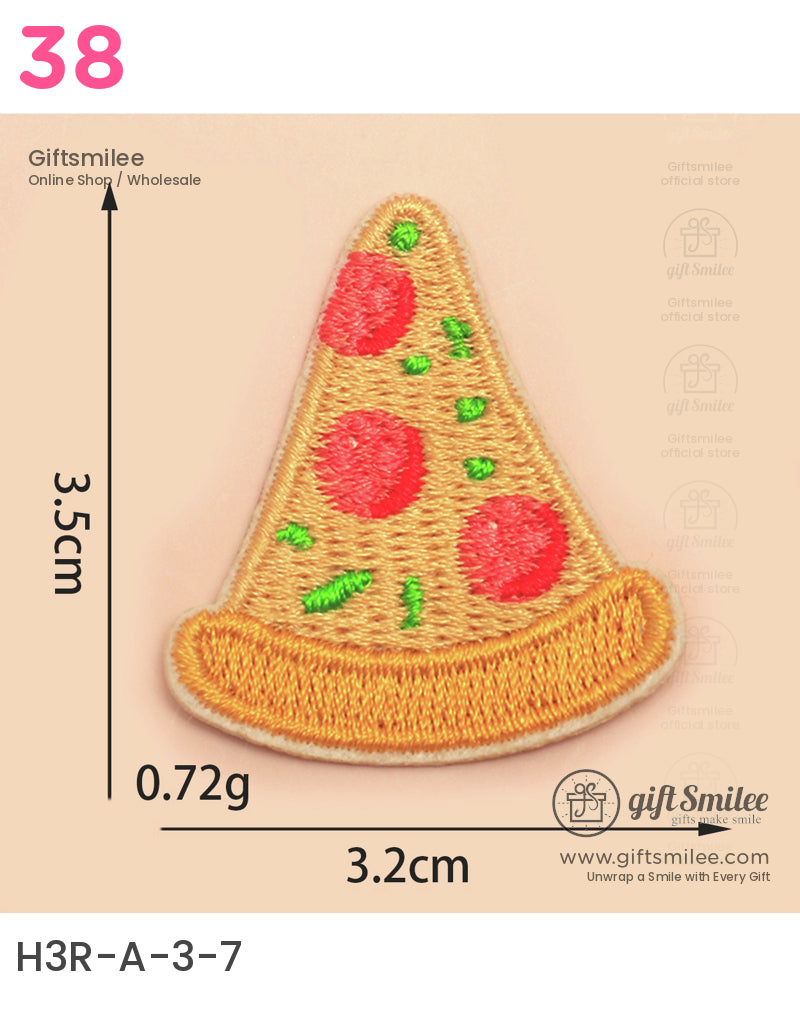 Embroidered pizza patch with golden crust red pepperoni green toppings 35cm tall lightweight at 072g