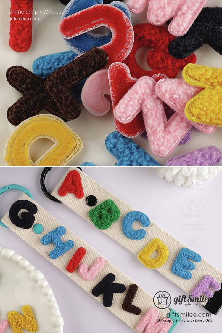 Multicolored chenille letter patches and embroidered alphabet designs on beige woven straps for crafts or embellishments