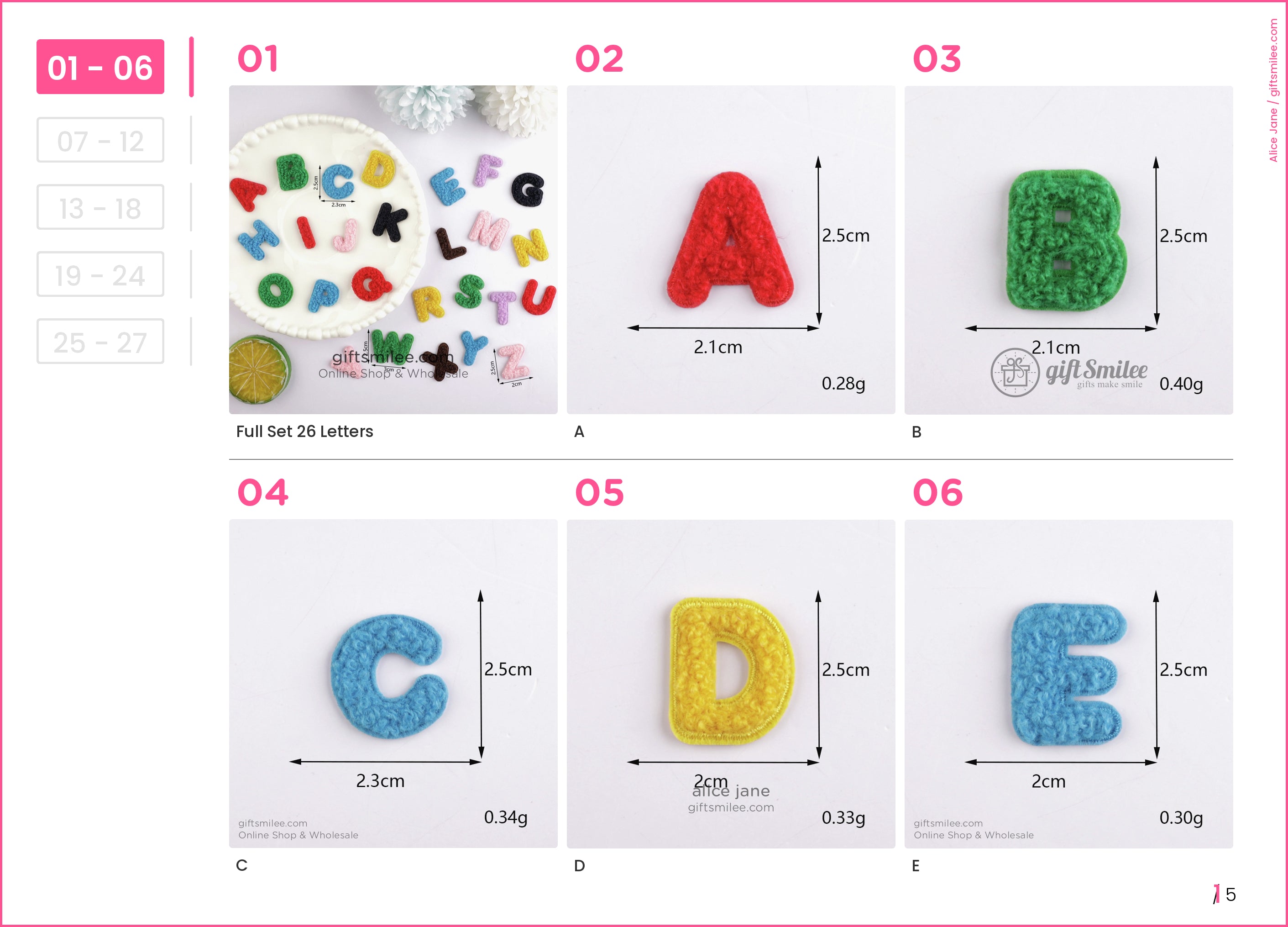Colorful crochet alphabet patches in various shades including red blue yellow and green set on a white plate