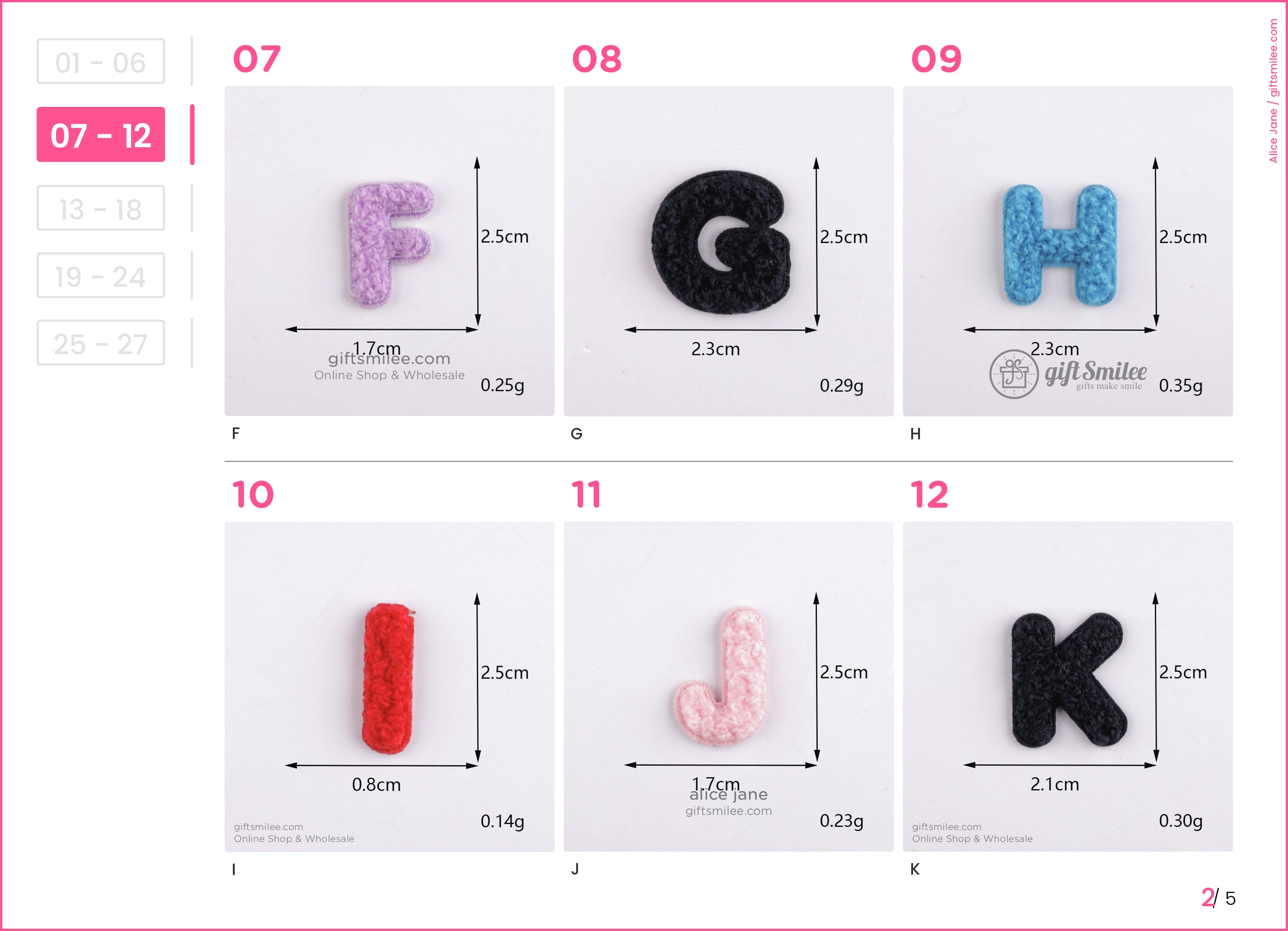 Colorful embroidered alphabet patches including purple F black G blue H red I pink J and black K with dimensions
