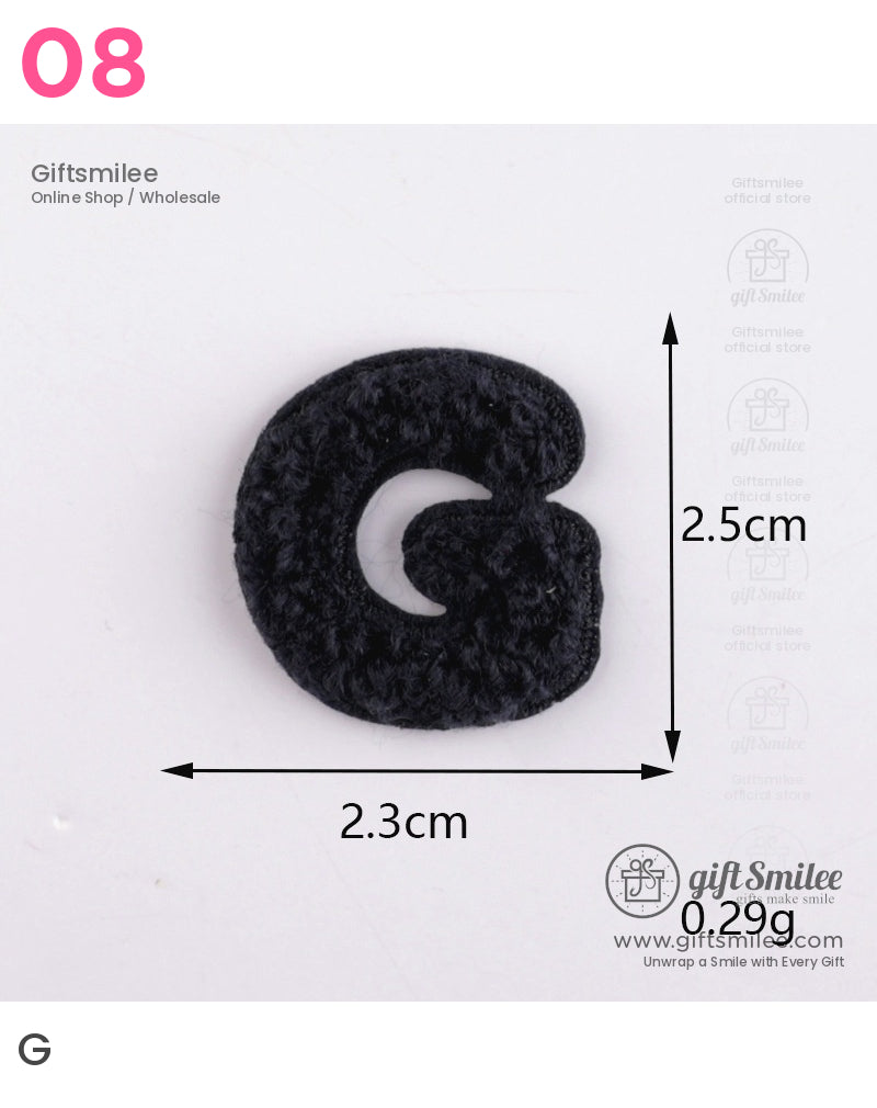 Black textured fabric letter G small size of 25cm by 23cm lightweight at 029g ideal for clothing embellishment