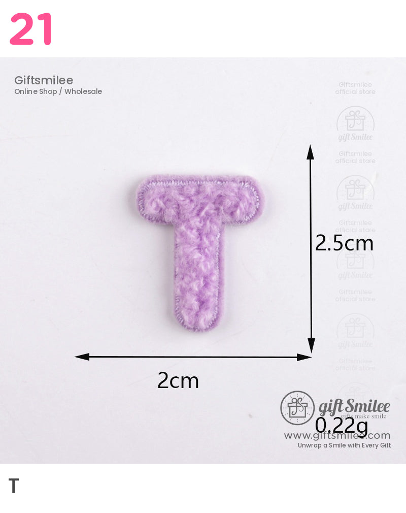 Light purple chenille fabric patch in the shape of the letter T detailed stitching 25cm x 2cm size