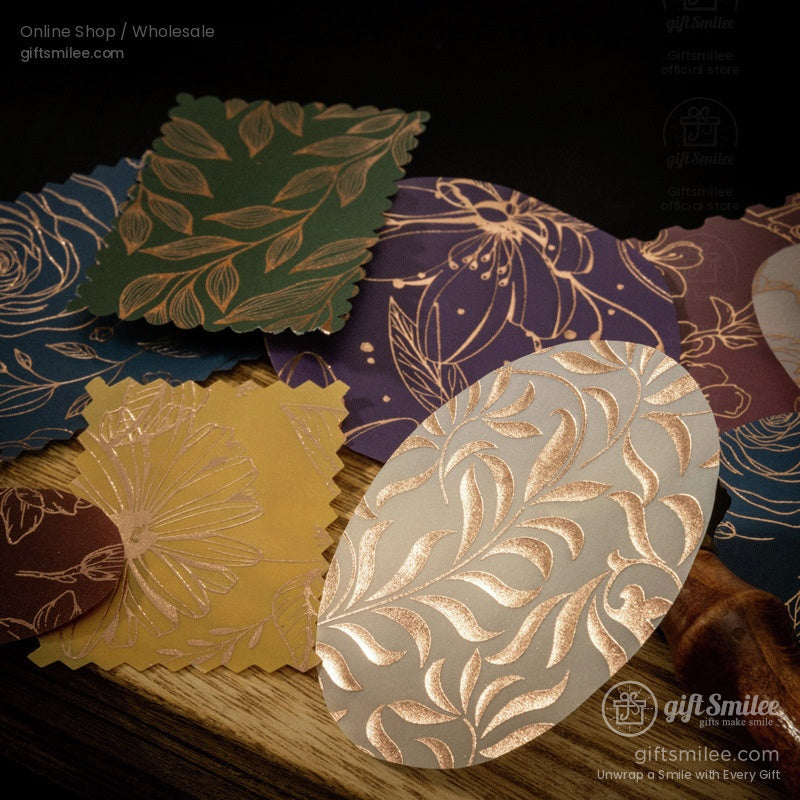 Metallic floral-patterned scrapbook paper set in wooden box – vintage botanical designs for journaling and crafts