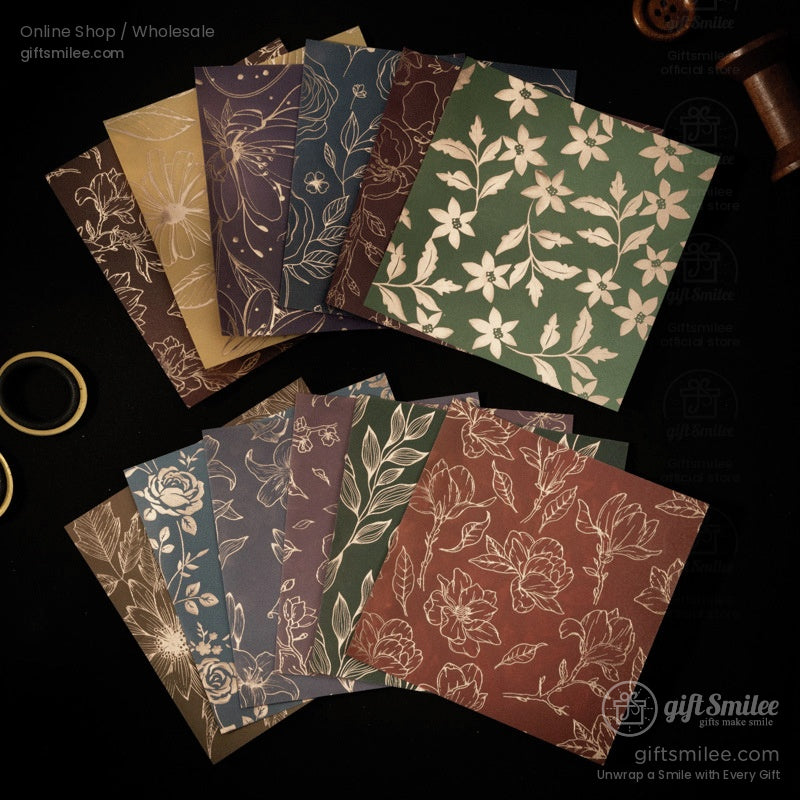 Metallic floral patterned scrapbook papers in wooden box – vintage botanical designs for journaling and crafts
