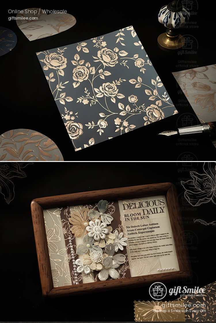 “Golden Shadow floral scrapbooking paper set – 8-piece vintage botanical patterns for journaling and crafts by giftsmilee”