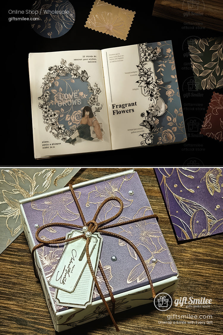 Elegant floral-themed stationery set with embossed purple gift box, twine ribbon, and open botanical design notebook on a dark background.