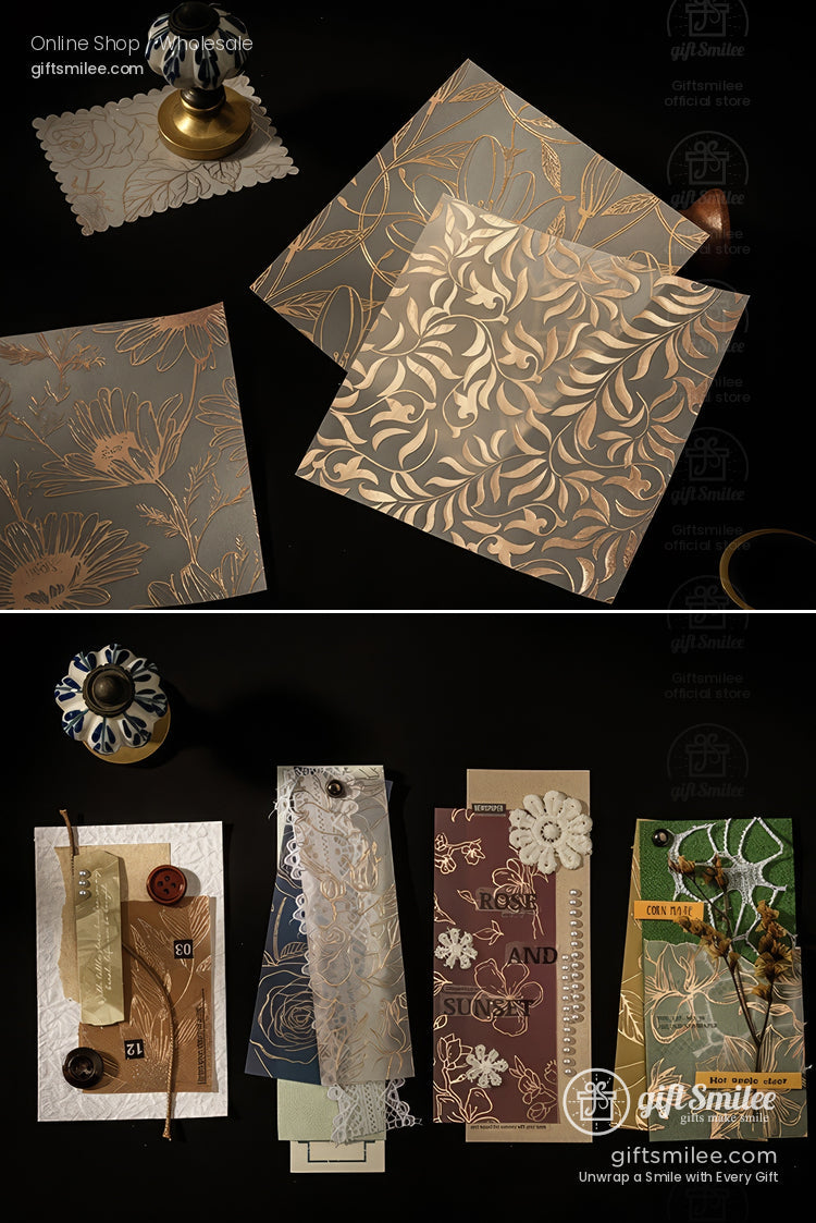 Elegant floral-patterned vellum paper sheets for scrapbooking and card making, displayed on a dark background.