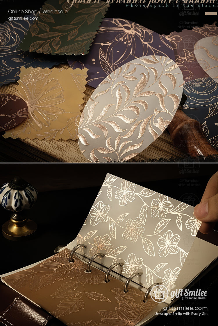 Metallic floral embossed paper swatches and planner inserts for scrapbooking and journaling, giftsmilee stationery set