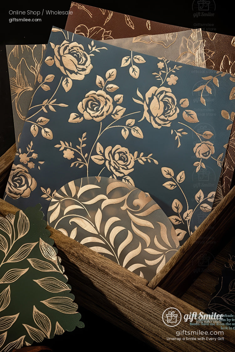 Floral stencil sheets for crafts – rose and leaf pattern overlays in blue, green, and neutral tones displayed in a wooden box, Giftsmilee craft supplies.