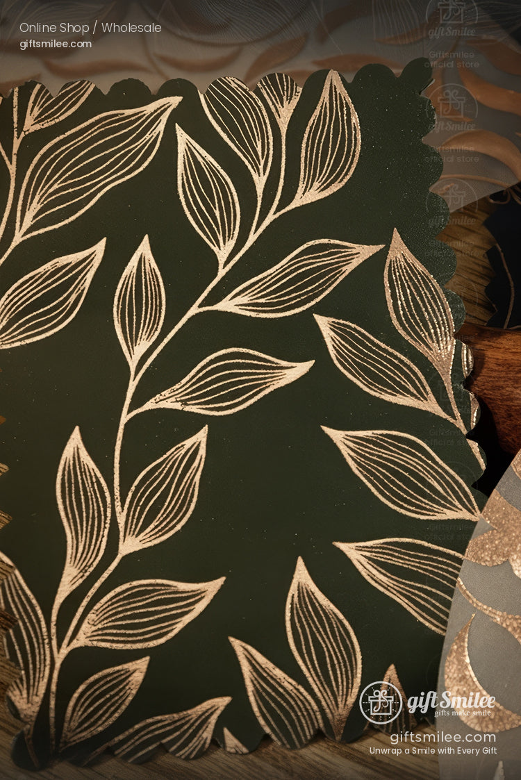Dark green gift wrap with gold botanical leaf pattern, scalloped edge, by giftSmilee wholesale.