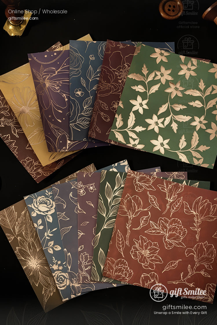Assorted floral-patterned wrapping paper sheets in earthy colors, wholesale gift wrap from giftsmilee.
