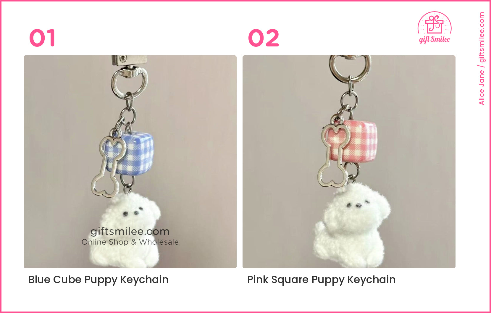 Blue gingham cube keychain with silver bone charm and fluffy white puppy pendant  
