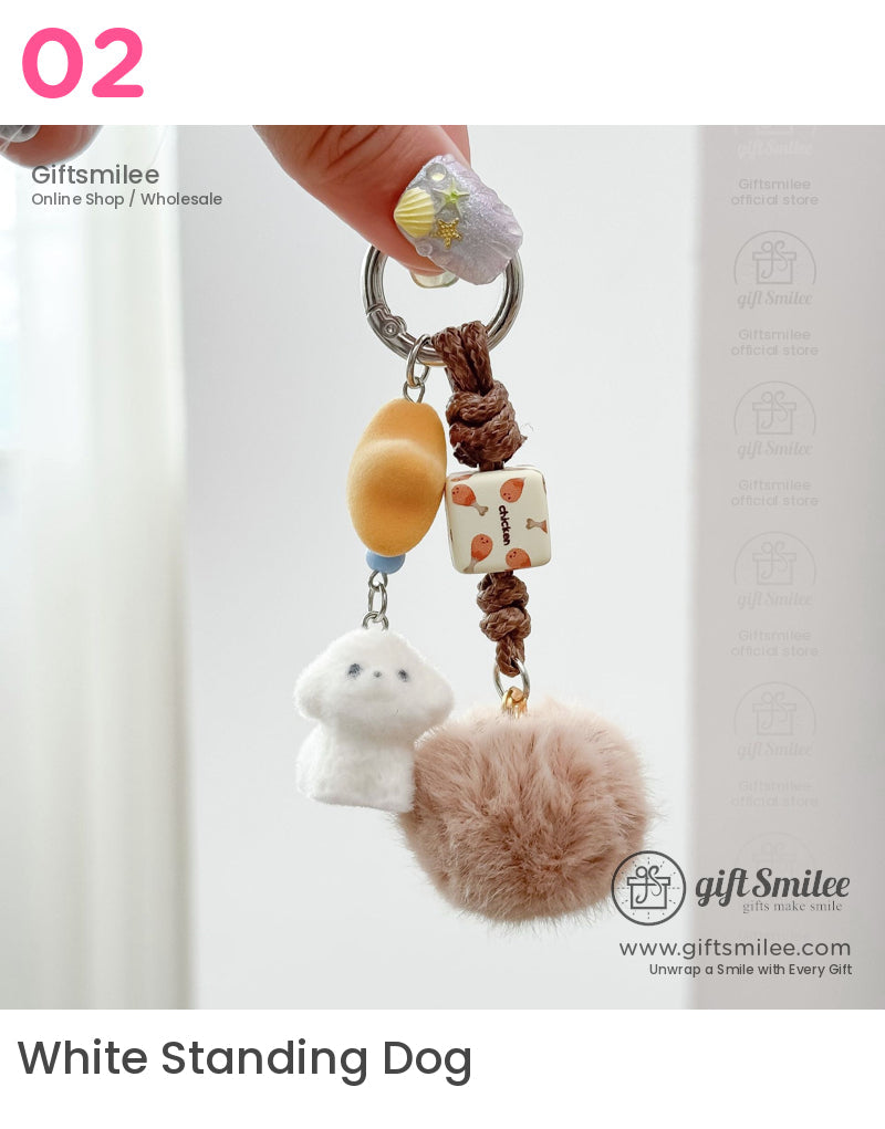 Keychain with beige pompom white plush figure ceramic cube with chicken print and brown braided cord