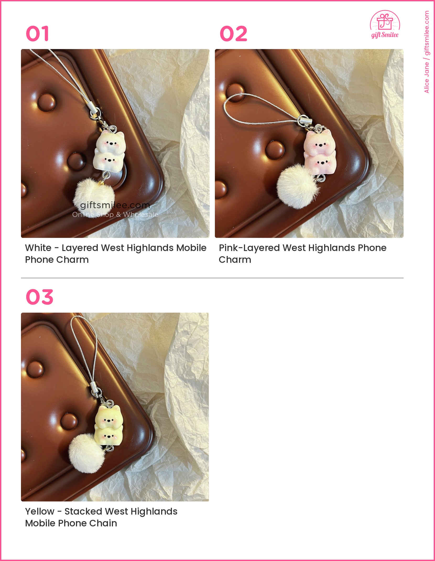 White charm with layered West Highland dog design soft pompom accent silver strap and glossy finish  