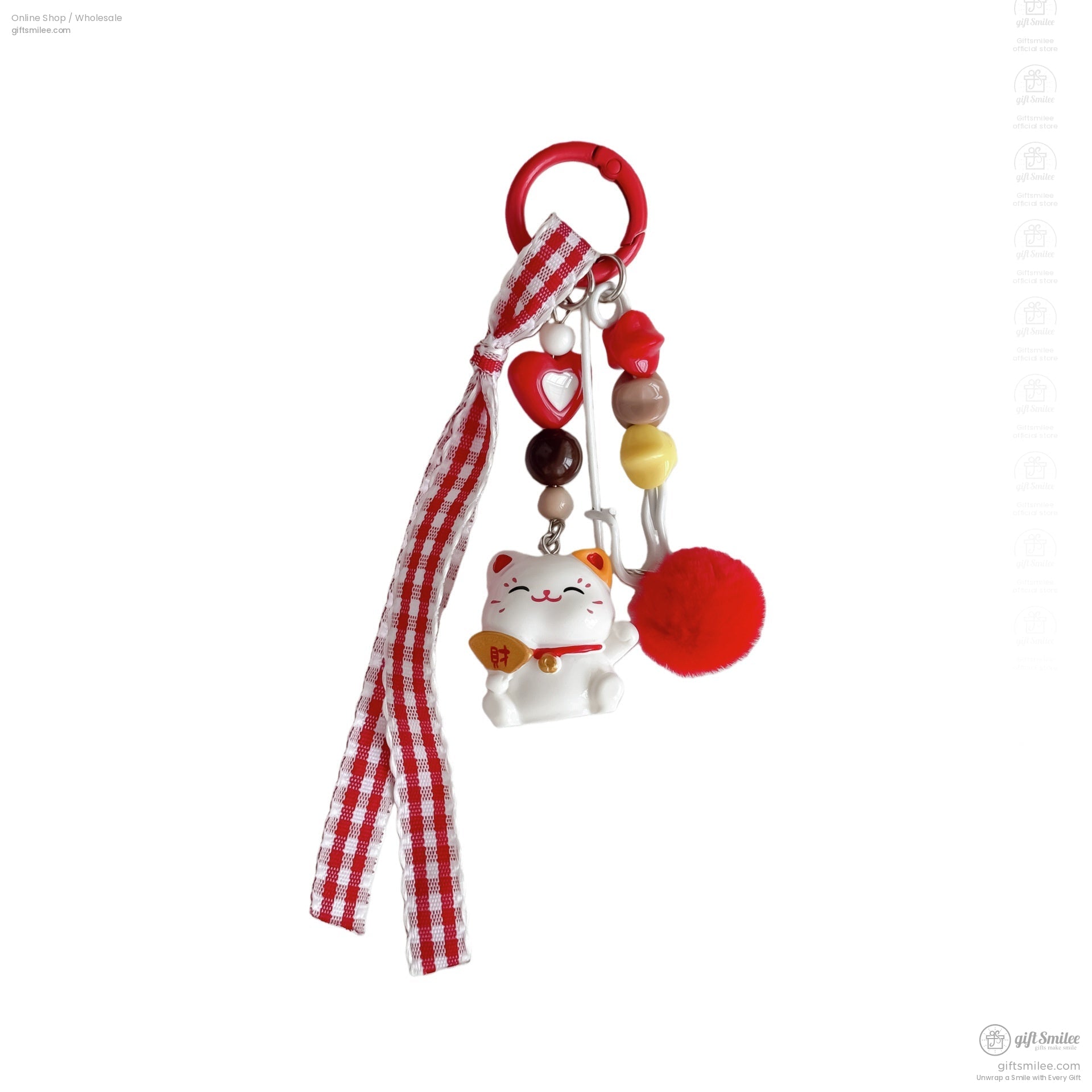Red and white gingham ribbon keychain with lucky cat charm red pompom heart accents and colorful beads