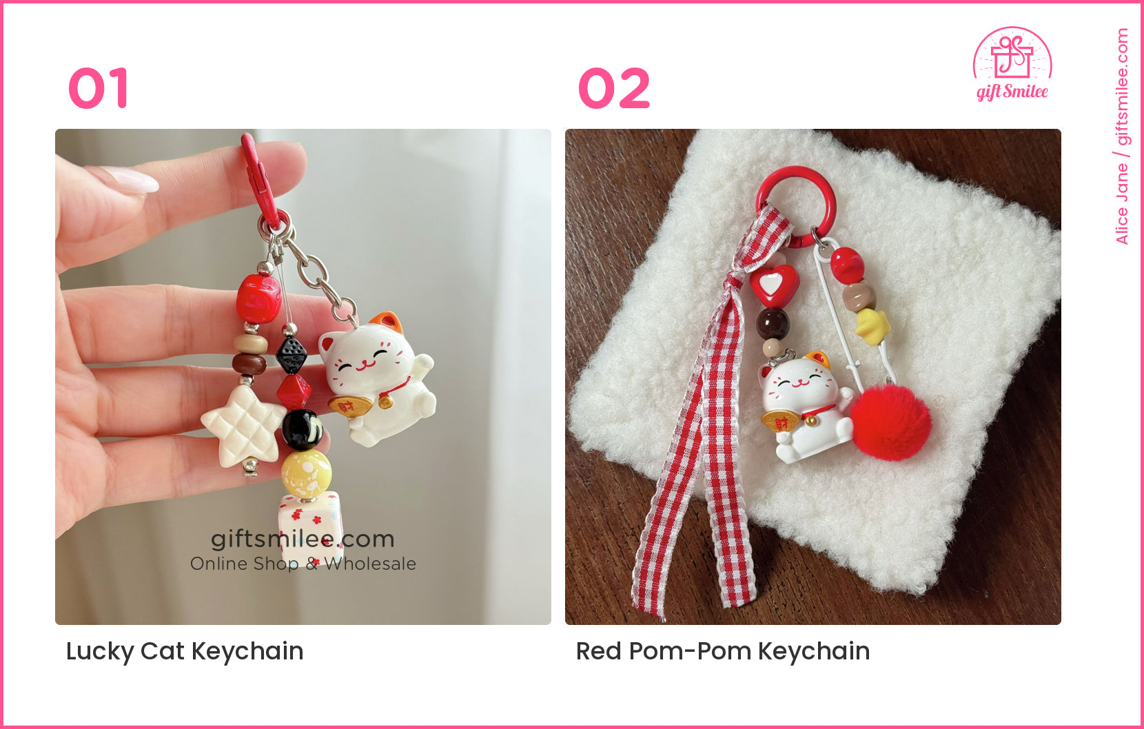 Multicolor lucky cat keychain with red clip ceramic beads star charm and floralpatterned cube  