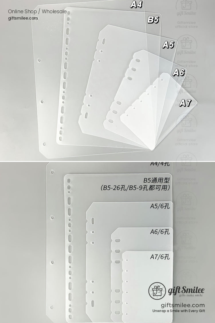 Transparent plastic binder dividers in A4 B5 A5 A6 and A7 sizes with roundedge holes for multiring binders