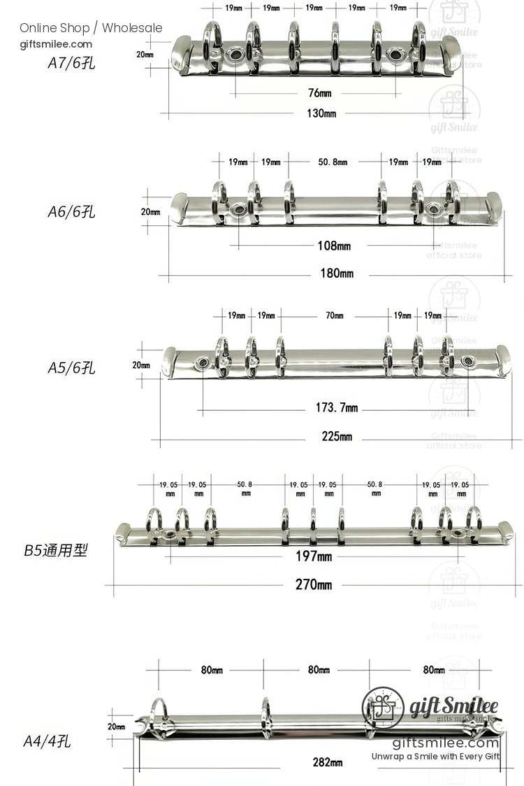 Silver stainless steel binder mechanisms with varying ring sizes and dimensions labeled for A7 A6 A5 B5 and A4 paper