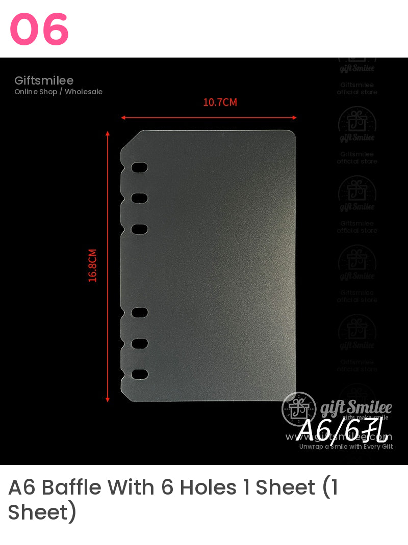 Transparent A6 plastic planner divider with six prepunched holes smooth frosted finish and 107x168 cm dimensions