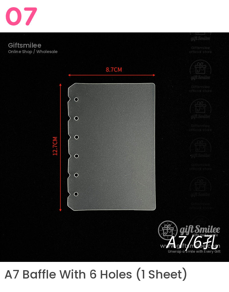 Transparent A7 planner divider with six prepunched holes measuring 127cm by 87cm ideal for ring binders