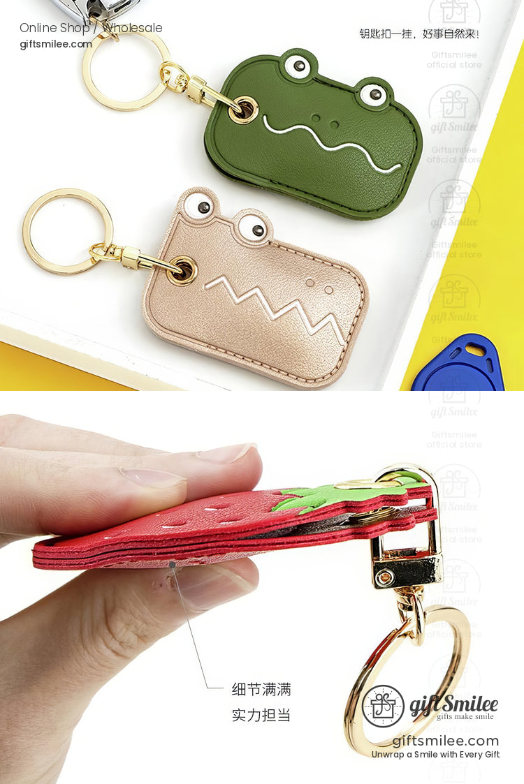 Green and beige animalshaped leather keychains with frog designs gold keyrings and whimsical zigzag accents
