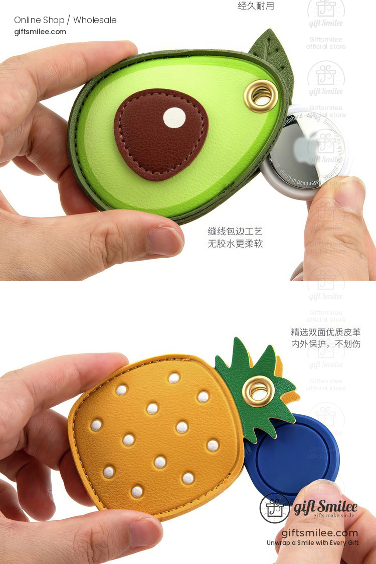 Avocado and pineappleshaped coin pouches in green and yellow faux leather with buttoned closures and metal accents