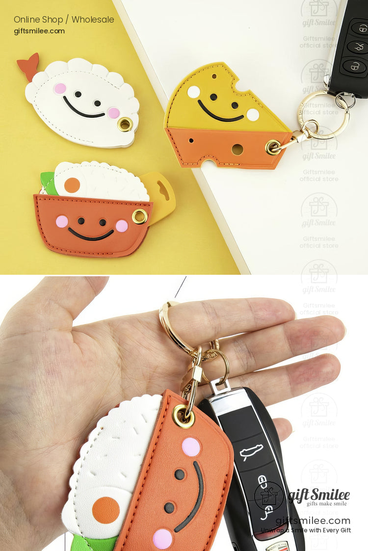 Smiling foodshaped keychains in leather material including a white dumpling orange taco and yellow cheese slice