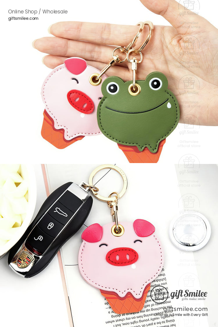 Pink pig and green frog leather keychains with gold rings playful design and vivid orange ice cream cone bases