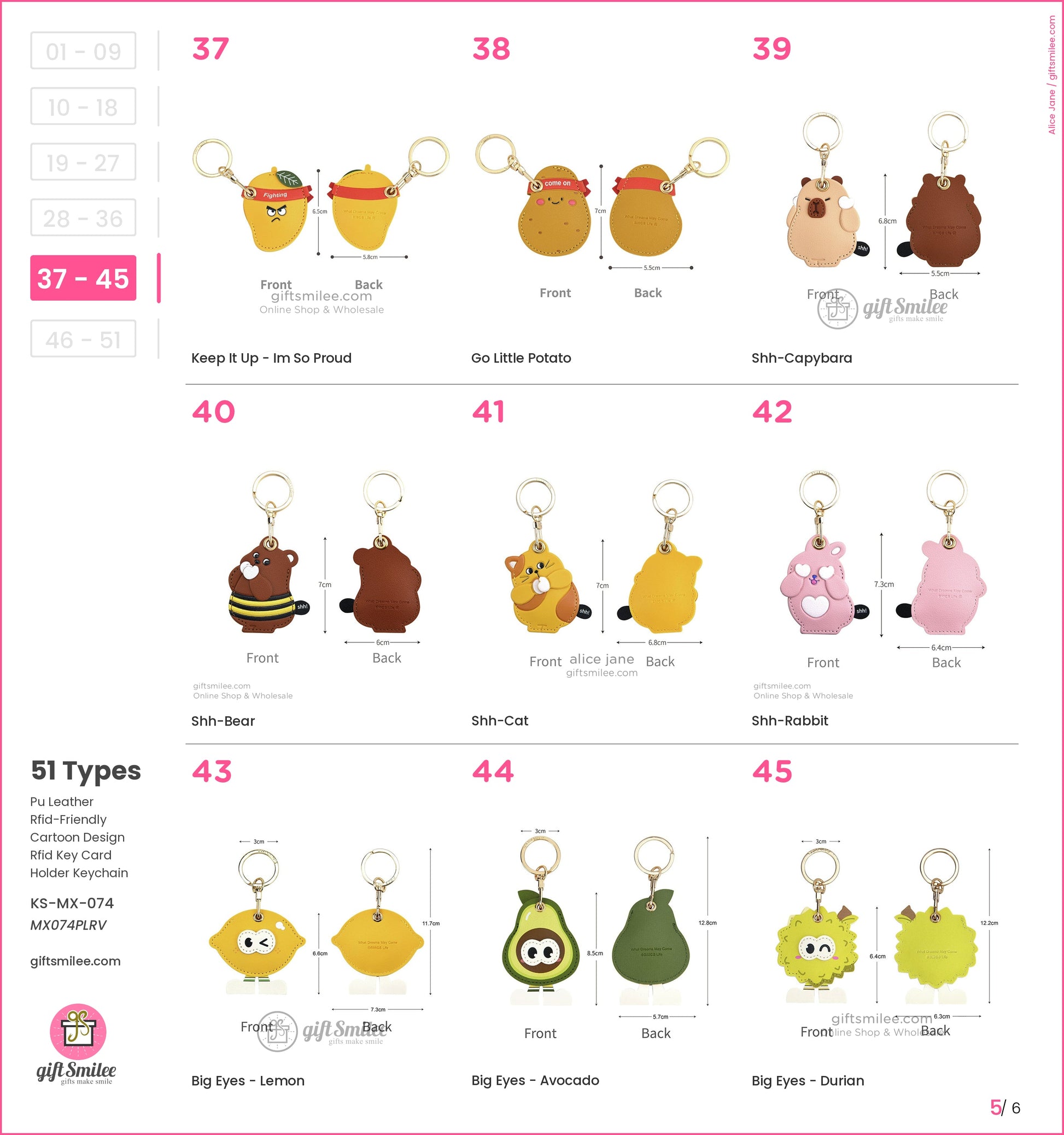 PU leather cartoon keychains in bear cat rabbit avocado lemon and durian designs with gold keyrings and RFID card slots
