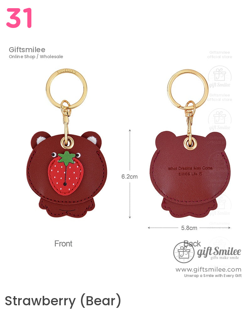 Brown bearshaped leather keychain with strawberry detail gold clip embossed text and precise dimensions