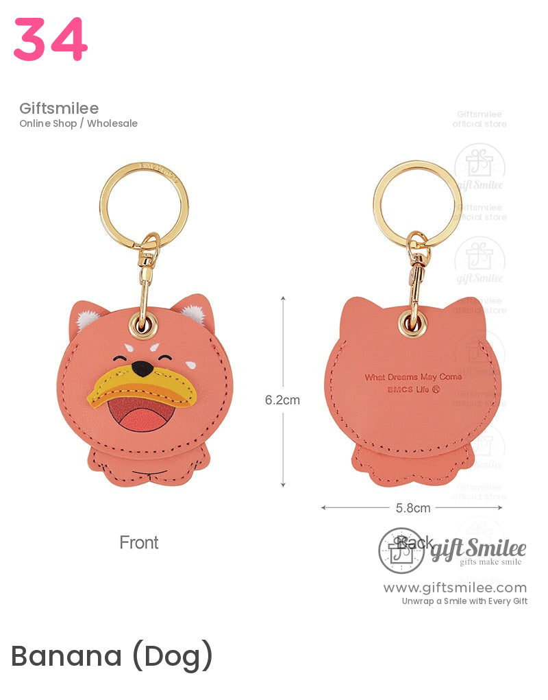 Peachorange faux leather catshaped keychain with gold metal ring smiling face design and embossed back text