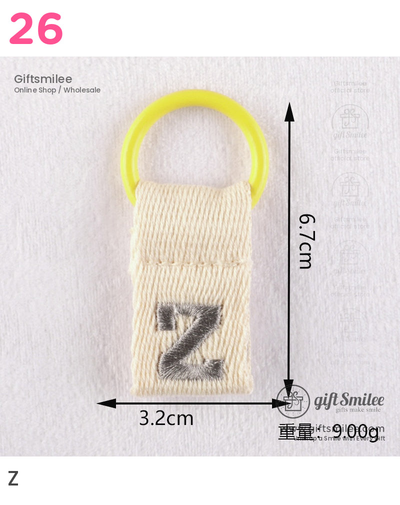 Beige canvas strap keychain with embroidered gray Z yellow round plastic ring lightweight design 67x32 cm