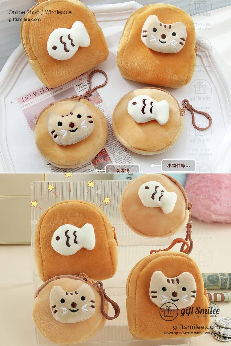 Orange velvet coin purses with cat and fish appliques round and square shapes zipper closures and keychain hooks