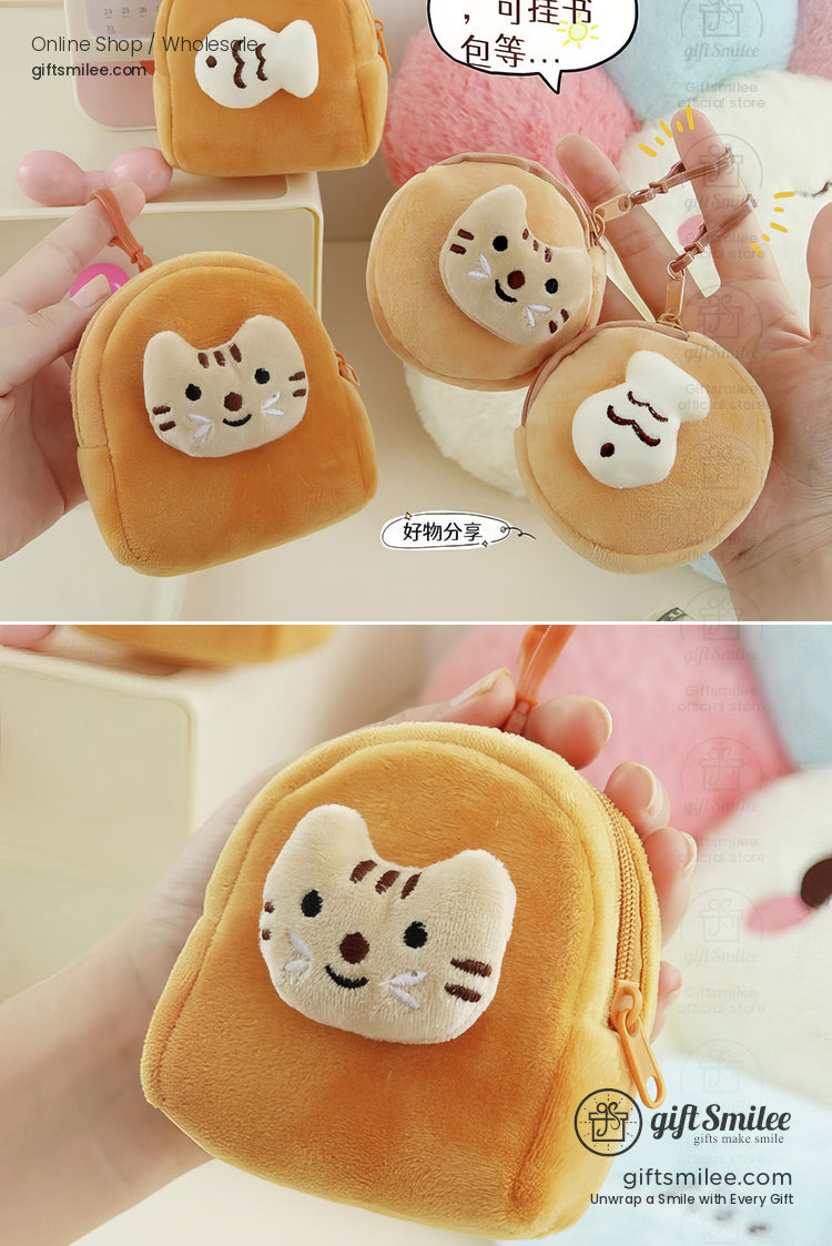 Soft tan plush coin purse set with cute embroidered cat and fish designs zipper closure and keychain attachments