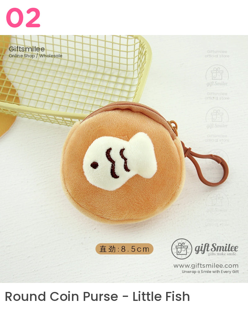 Round beige plush coin pouch with white fish embroidery zipper closure and brown carabiner clip 85cm diameter