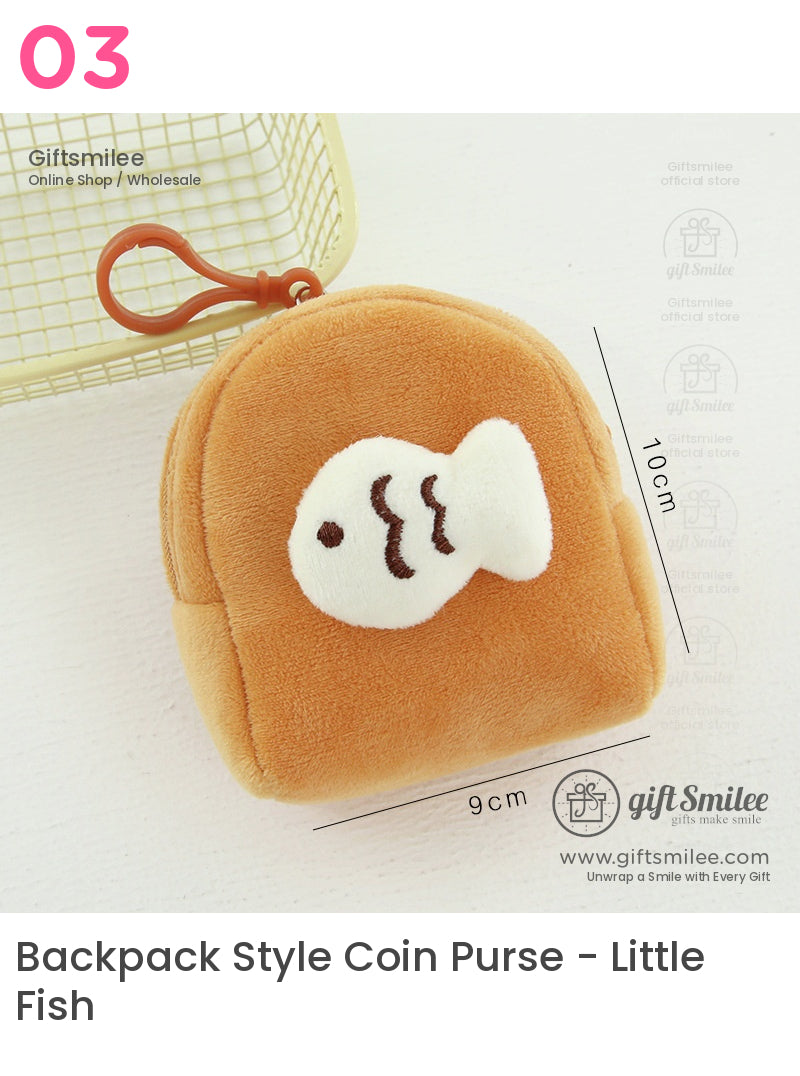 Small camelcolored plush coin pouch with white fish applique zip closure and orange carabiner clip 10x9 cm