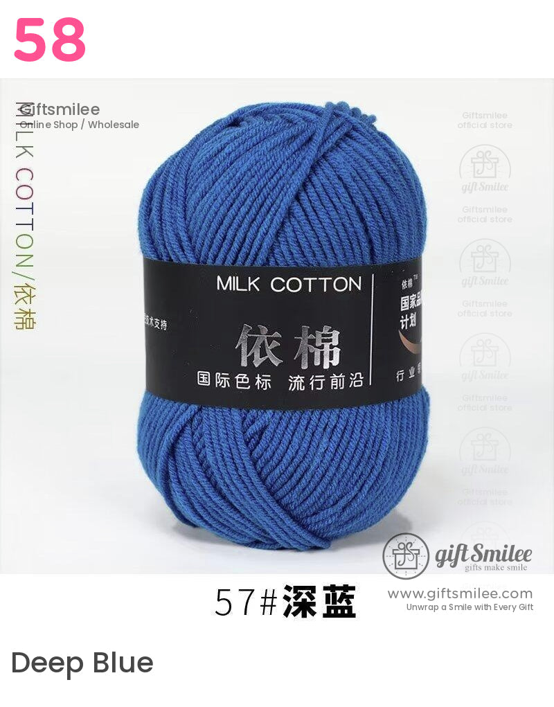Deep blue milk cotton yarn with a soft texture smooth strands and a durable black label for knitting or crocheting